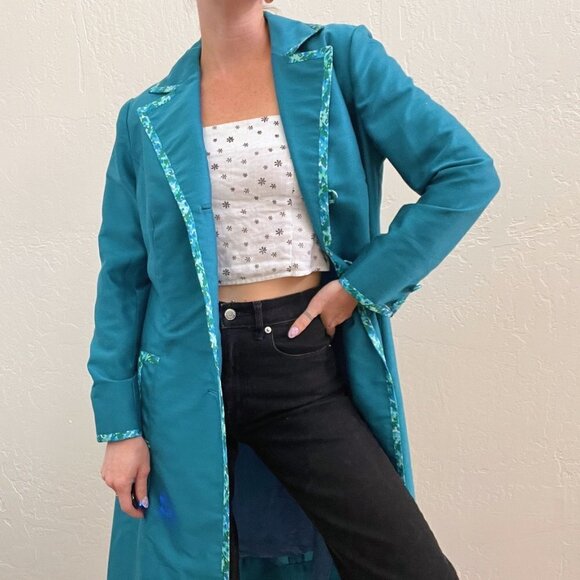 Vintage 1960s/70s Blue Floral Lined Button Up Trench Coat